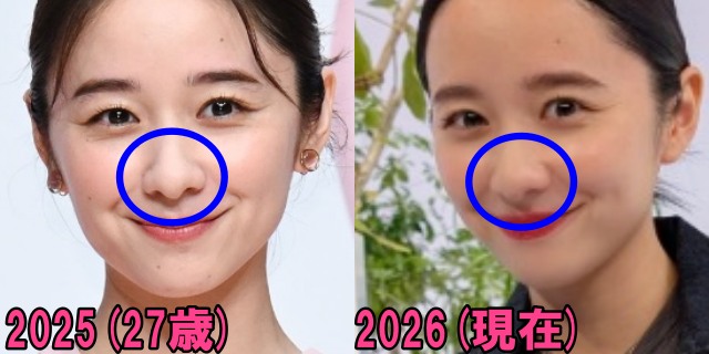 堀田真由の2025年と2026年の鼻の画像